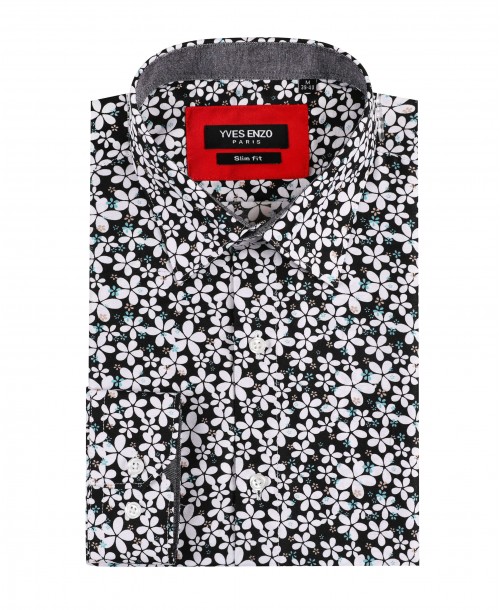 SLIM5045-13 Chemise noire slim fit motifs FIORELLINI