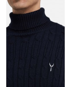 YE-6853-81 Cable knit crew neck jumper with logo in navy blue