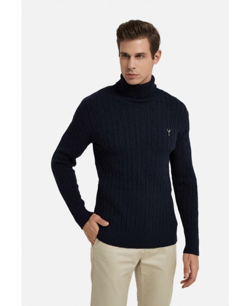 YE-6853-81 Cable knit crew neck jumper with logo in navy blue