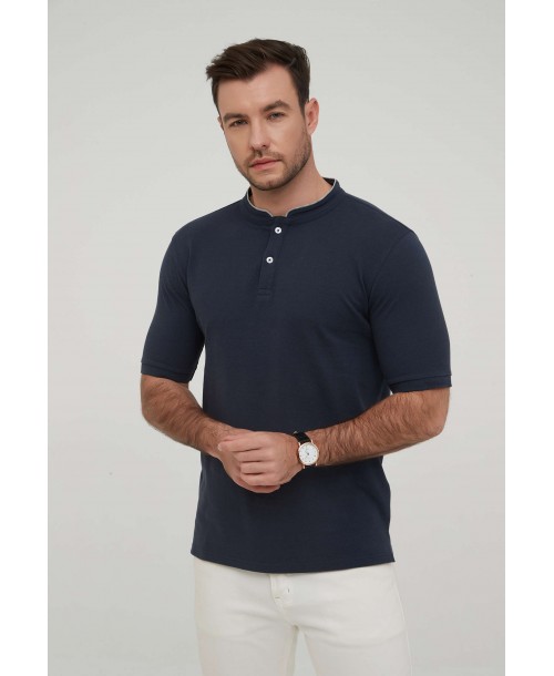 YE-8846-13 Polo bleu marine col mao