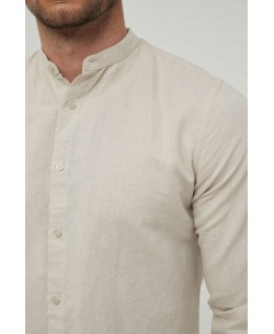 LIN-60-03 Beige linen shirt mandarin collar adjusted fit