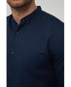 LIN-60-04 Navy blue linen shirt mandarin collar adjusted fit