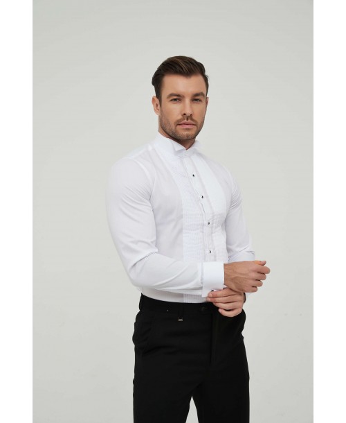 WHT-11-1 Chemise blanche plastron plissé col cassé slim fit