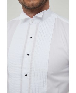 WHT-11-1 Chemise blanche plastron plissé col cassé en slim fit avec bouton noir