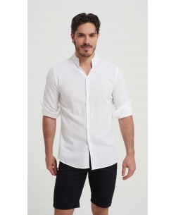 LIN-61-21 Chemise blanche col châle en lin à coupe ajustée