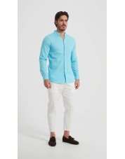 LIN-61-213 Chemise col châle en lin bleu turquoise coupe ajustée