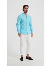 LIN-61-213 Chemise à col châle en lin bleu turquoise  avec coupe ajustée