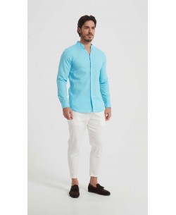 LIN-61-213 Chemise col châle en lin bleu turquoise coupe ajustée
