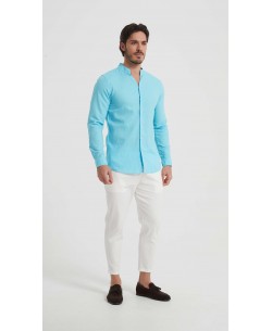 LIN-61-213 Chemise à col châle en lin bleu turquoise  avec coupe ajustée