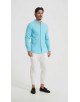 LIN-61-213 Chemise col châle en lin bleu turquoise coupe ajustée