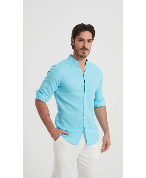 LIN-61-213 Chemise col châle en lin bleu turquoise coupe ajustée
