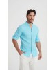 LIN-61-213 Chemise col châle en lin bleu turquoise coupe ajustée