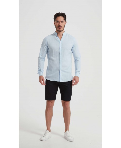 LIN-61-22 Chemise à col châle en lin bleu ciel coupe ajustée