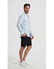 LIN-61-22 Chemise à col châle en lin bleu ciel coupe ajustée
