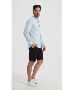 LIN-61-22 Chemise à col châle en lin bleu ciel coupe ajustée