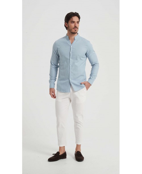 LIN-61-220 Chemise à col châle en lin gris elephant coupe ajustée