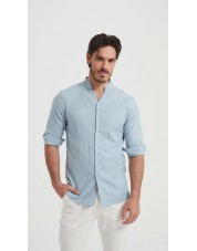 LIN-61-220 Chemise à col châle en lin gris elephant coupe ajustée