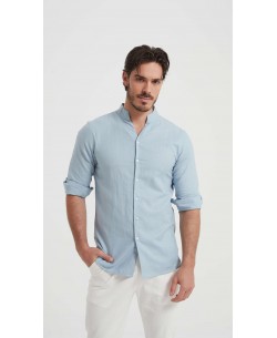 LIN-61-220 Chemise à col châle en lin gris elephant coupe ajustée