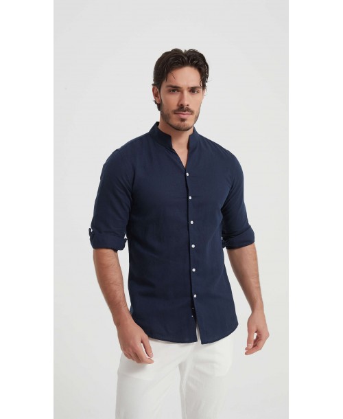 LIN-61-24 Chemise à col châle en lin bleu marine avec coupe ajustée