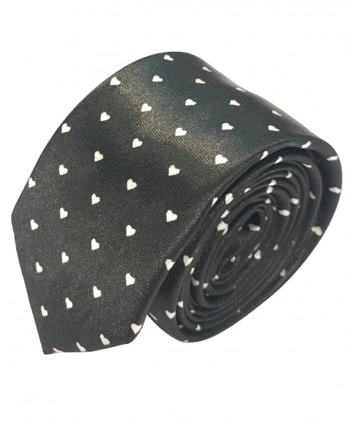 CF-A10 Cravate skinny noire à motifs romantiques en satin