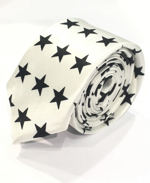 CF-A15 Cravate skinny blanche à motifs stars en satin