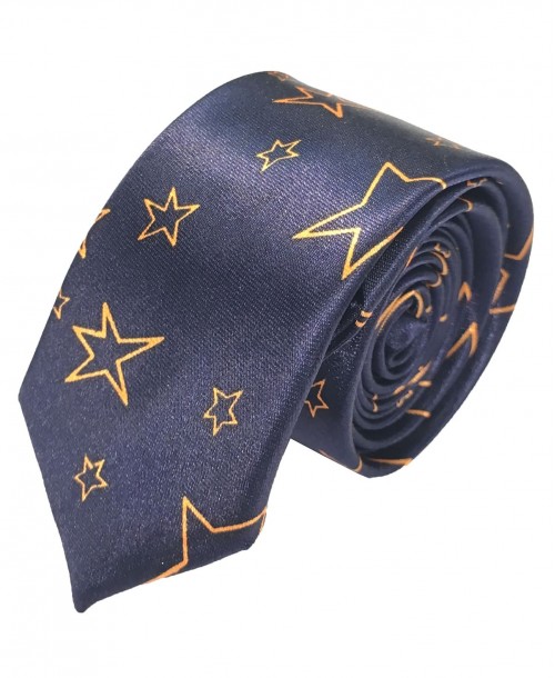 CF-A24 Cravate skinny bleu marine à motifs stars en satin