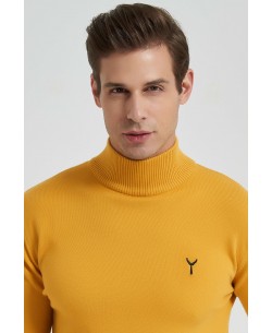 YE-6735-85 Mustard jumper with funnel neck & logo 