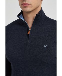 YE-6738-82 High zip neck navy blue vintage jumper with logo