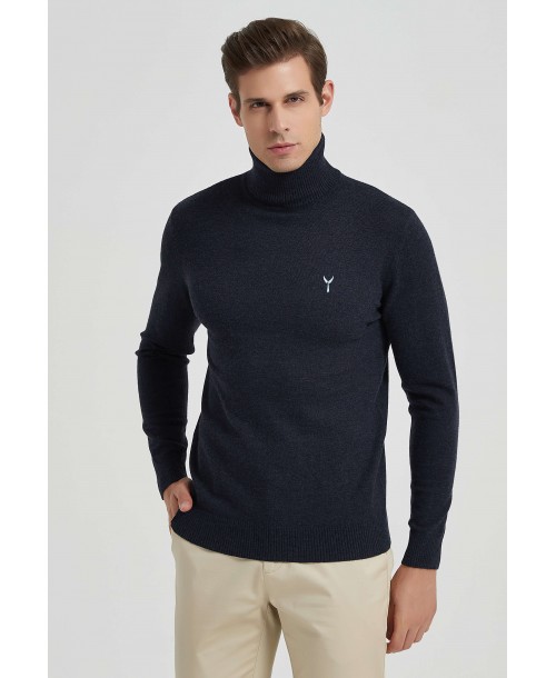 YE-6741-82 Navy blue vintage turtle neck jumpers with logo