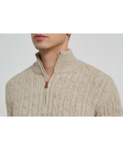 YE-6852-75 Cable knit high zip neck beige jumper with logo