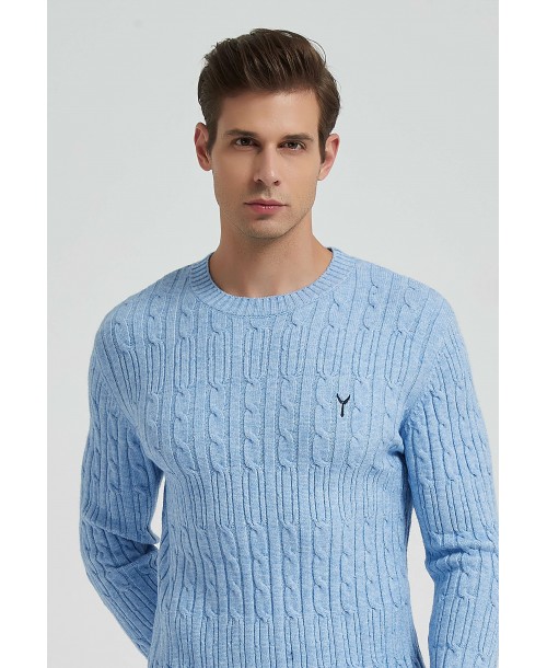 YE-6851-76 Cable knit crew neck jumper with logo in sky blue