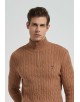 YE-6852-78 Cable knit high zip neck camel jumper with logo