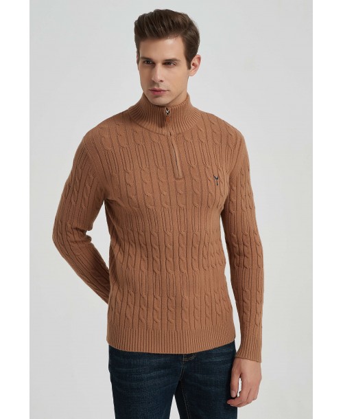 YE-6852-78 Cable knit high zip neck camel jumper with logo