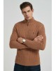 YE-6852-78 Cable knit high zip neck camel jumper with logo
