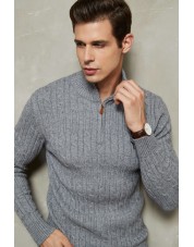 YE-6852-79 Cable knit high zip neck grey jumper with logo