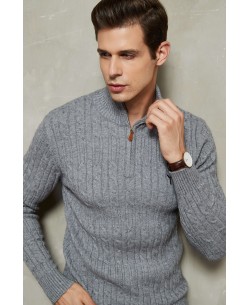 YE-6852-79 Cable knit high zip neck grey jumper with logo
