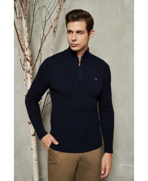 YE-6852-81 Cable knit high zip neck navy blue jumper with logo