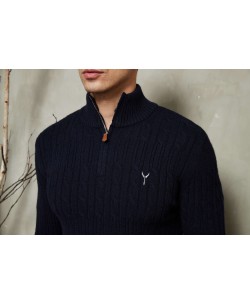 YE-6852-81 Cable knit high zip neck navy blue jumper with logo