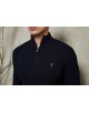 YE-6852-81 Cable knit high zip neck navy blue jumper with logo