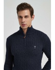 YE-6852-82 Cable knit high zip neck navu blue jumper with logo