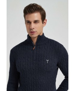 YE-6852-82 Cable knit high zip neck blue jumper with logo