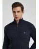 YE-6852-82 Cable knit high zip neck navu blue jumper with logo