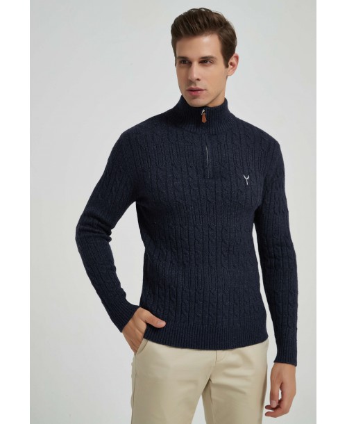 YE-6852-82 Cable knit high zip neck navu blue jumper with logo