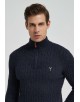YE-6852-82 Cable knit high zip neck navu blue jumper with logo