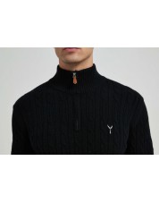 YE-6852-83 Cable knit high zip neck black jumper with logo