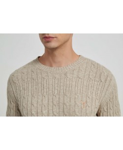 YE-6851-75 Cable knit crew neck jumper with logo in beige