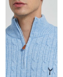 YE-6852-76 Cable knit high zip neck sky blue jumper with logo