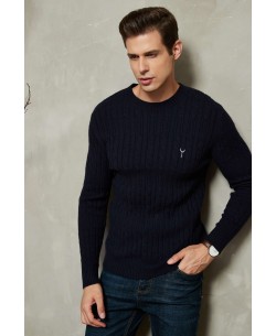 YE-6851-81 Cable knit crew neck jumper with logo in navy blue