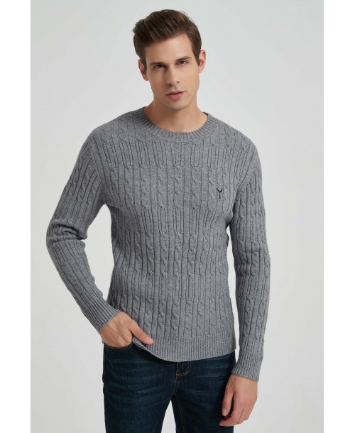 6851-79 Pull torsadé gris col rond avec logo