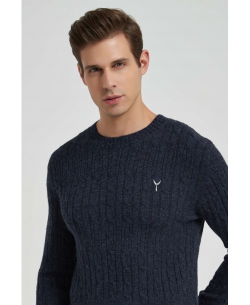 YE-6851-82 Cable knit crew neck jumper with logo in navy blue vintage